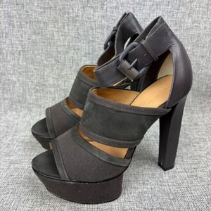 L.A.M.B. Burnet Platform Sandal Heels NWOB Size 7.5M Dark Brown Suede Canvas